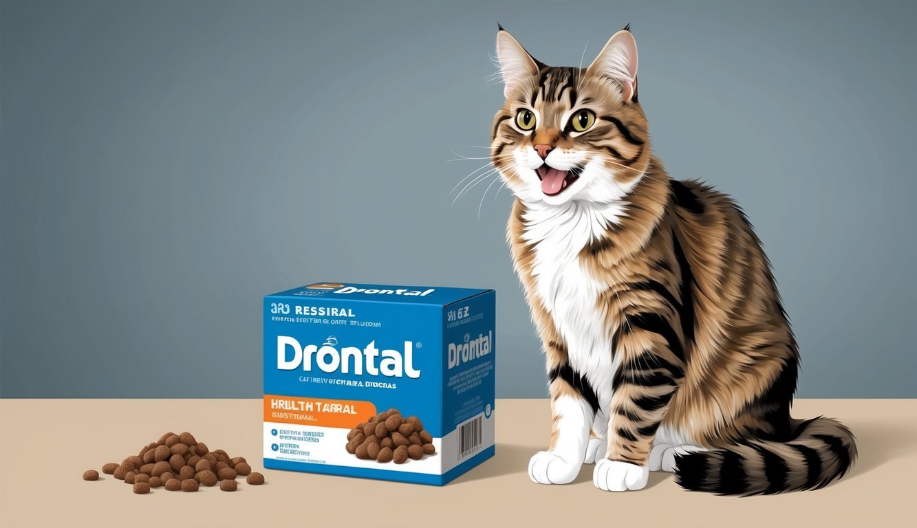 A cat sitting next to a box of Drontal, with a playful expression and a healthy coat