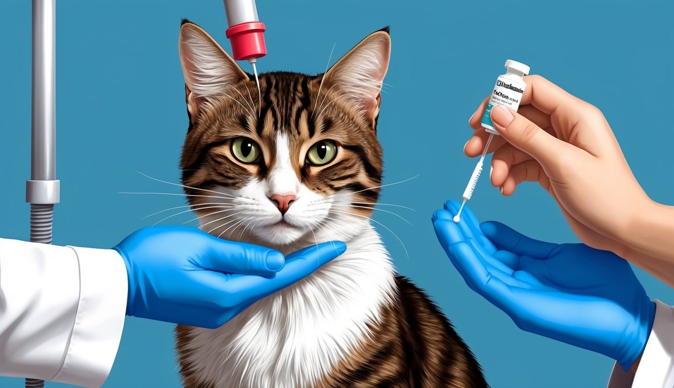 A cat receiving a dosage of clindamycin from a veterinarian