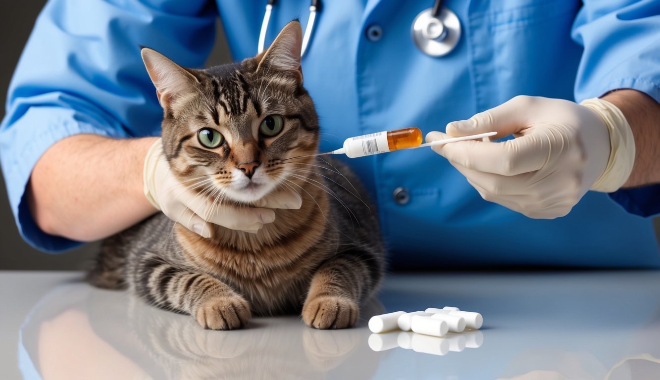 Cat receiving a shot from a veterinarian wearing gloves and scrubs