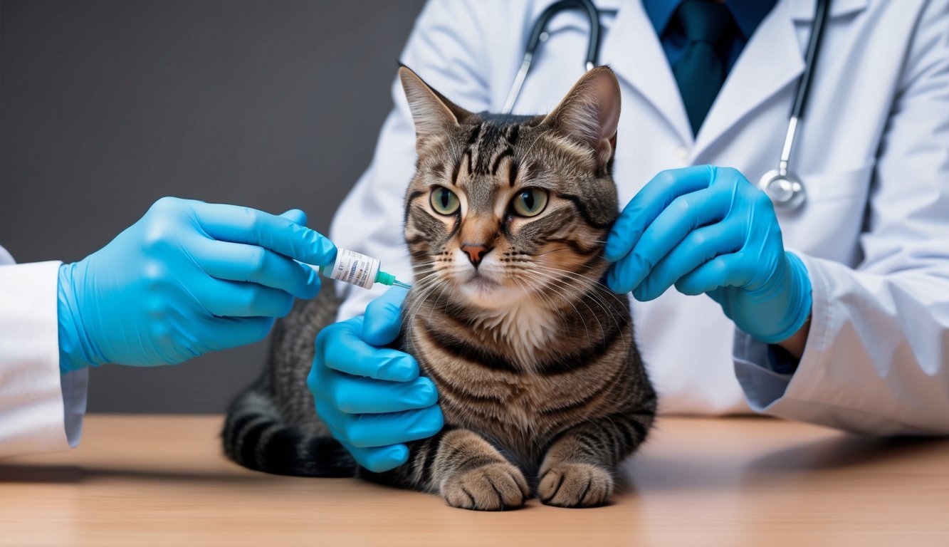 A cat receiving a dose of clindamycin from a veterinarian, with the vet wearing gloves and the cat being held gently