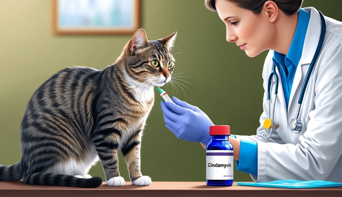 A cat receiving a dose of clindamycin, with a veterinarian looking on and a bottle of medication nearby