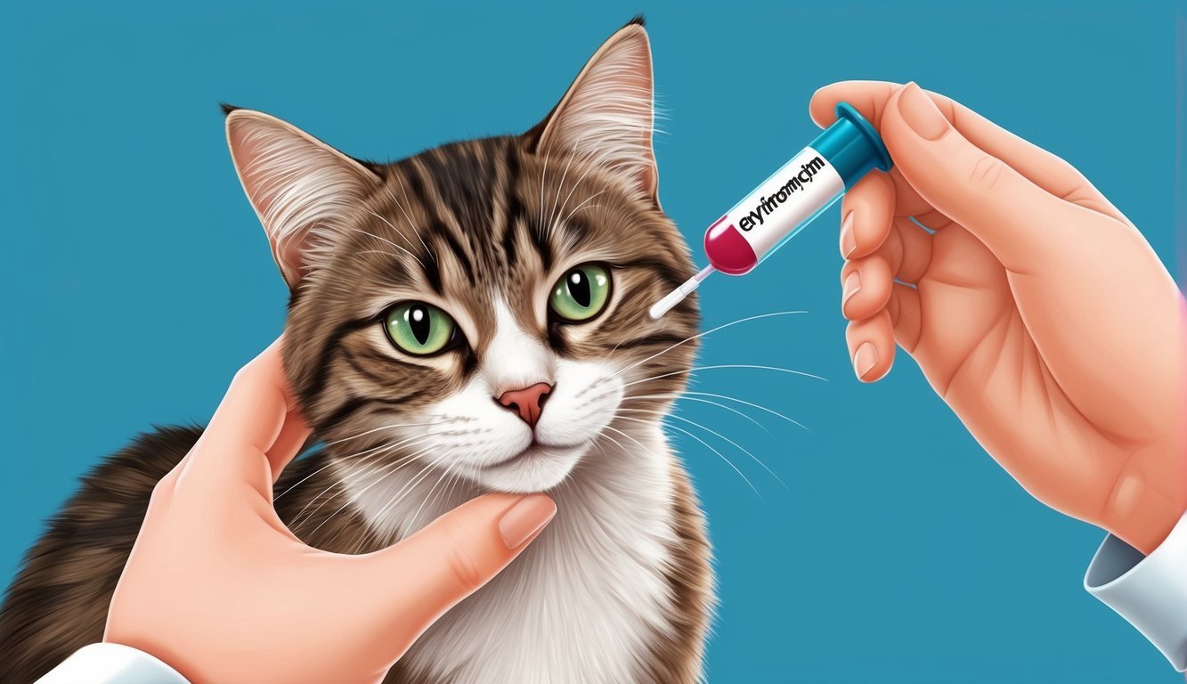 A cat receiving a dose of erythromycin from a veterinarian