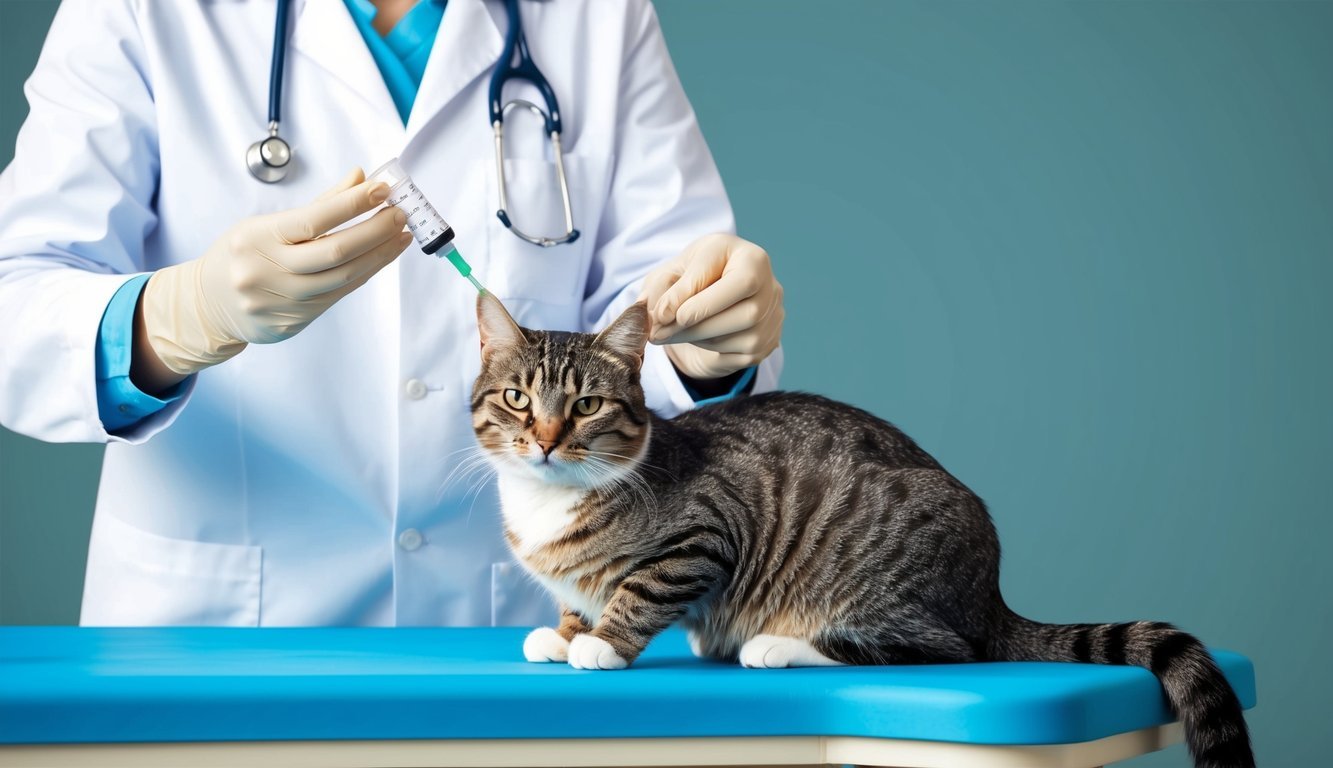 A veterinarian carefully measures and administers liquid erythromycin to a cat using a syringe, while the feline sits calmly on an examination table