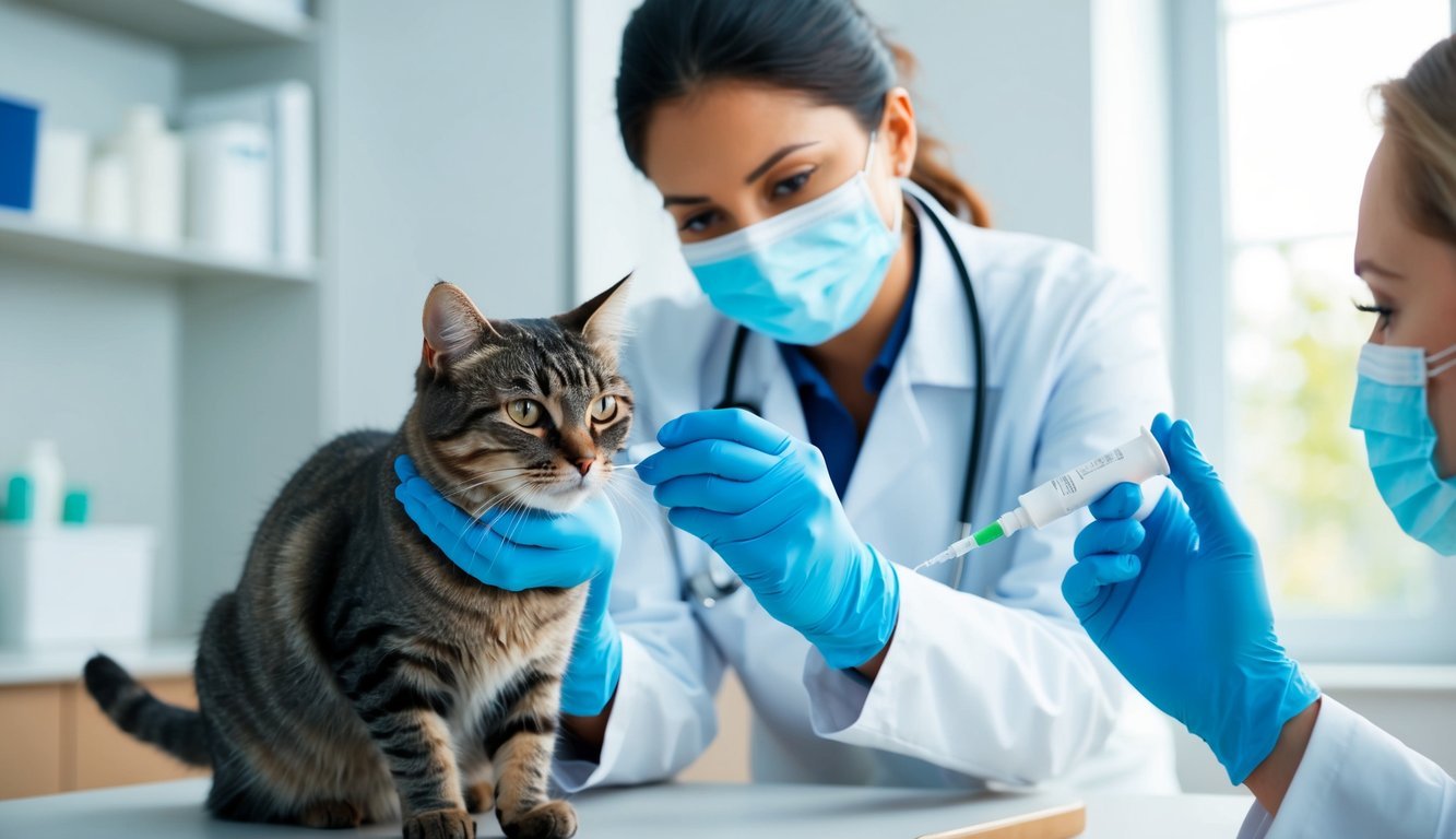 A veterinarian administering erythromycin to a cat while wearing protective gloves and a face mask in a well-lit examination room