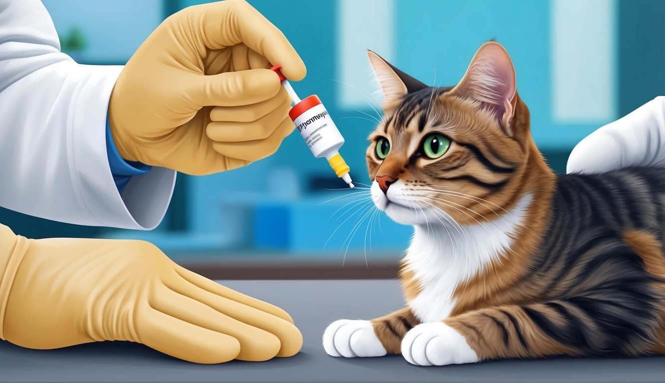 A cat receiving a dose of erythromycin from a veterinarian