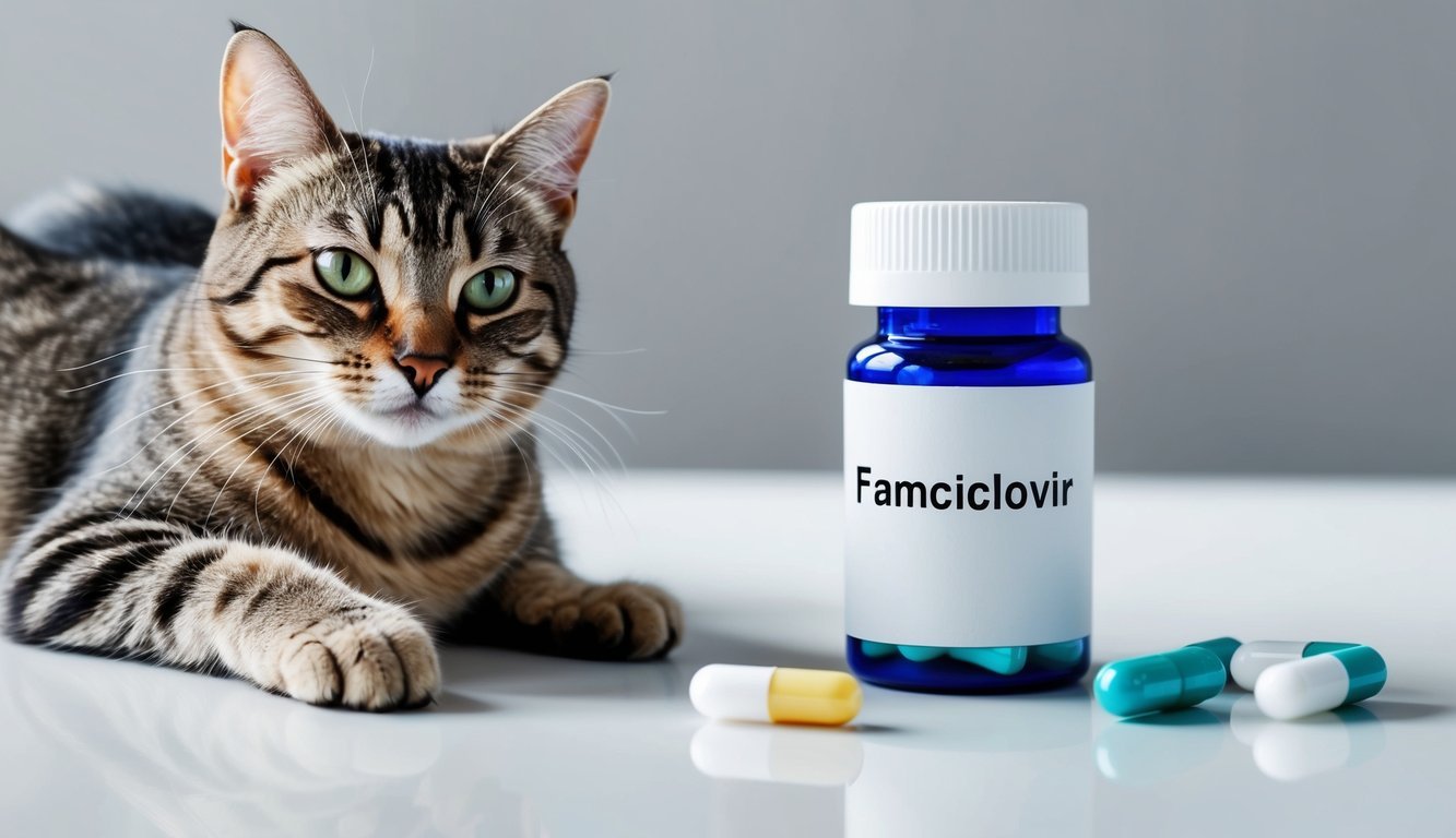 A cat sitting calmly with a paw extended towards a pill bottle labeled "Famciclovir" on a clean, white surface