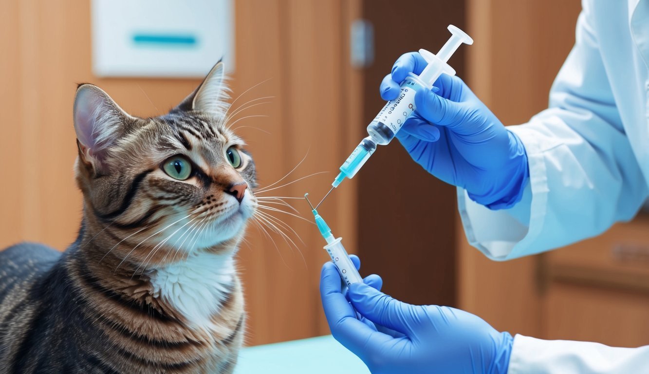 A cat receiving a proper dosage of famciclovir from a veterinarian using a syringe