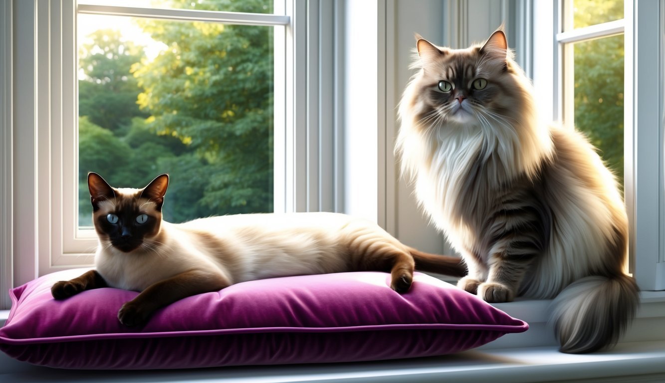 A sleek Siamese cat lounges on a velvet cushion, while a fluffy Persian cat perches regally on a windowsill, the sunlight highlighting their luxurious coats