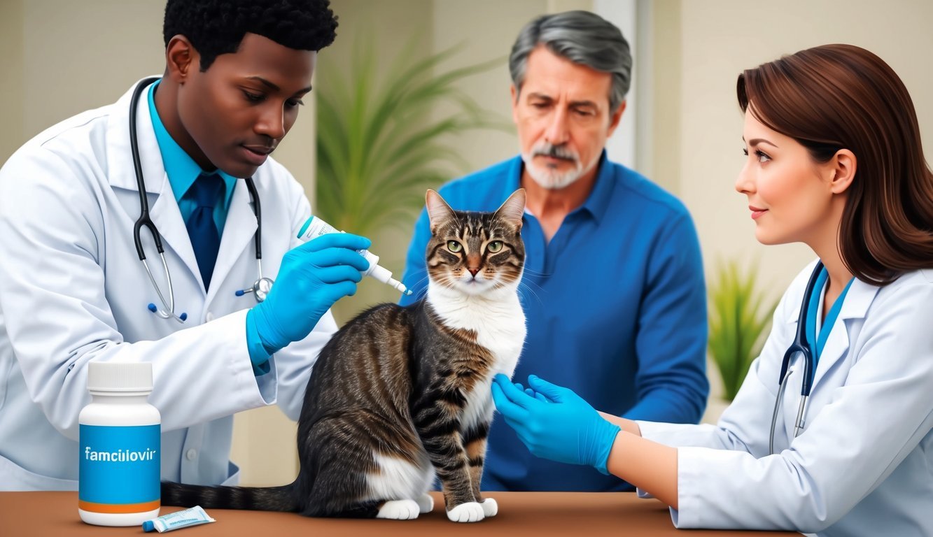 A veterinarian administering famciclovir to a cat, with a bottle of medication and a concerned owner in the background