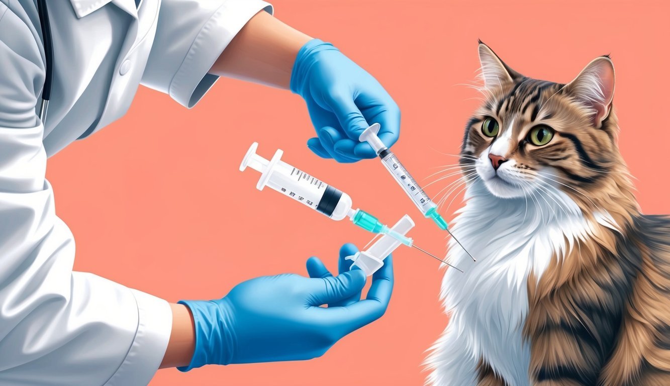 A veterinarian carefully administering famciclovir to a cat using a syringe