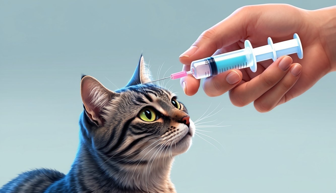 A veterinarian carefully measuring and administering flagyl to a cat using a syringe