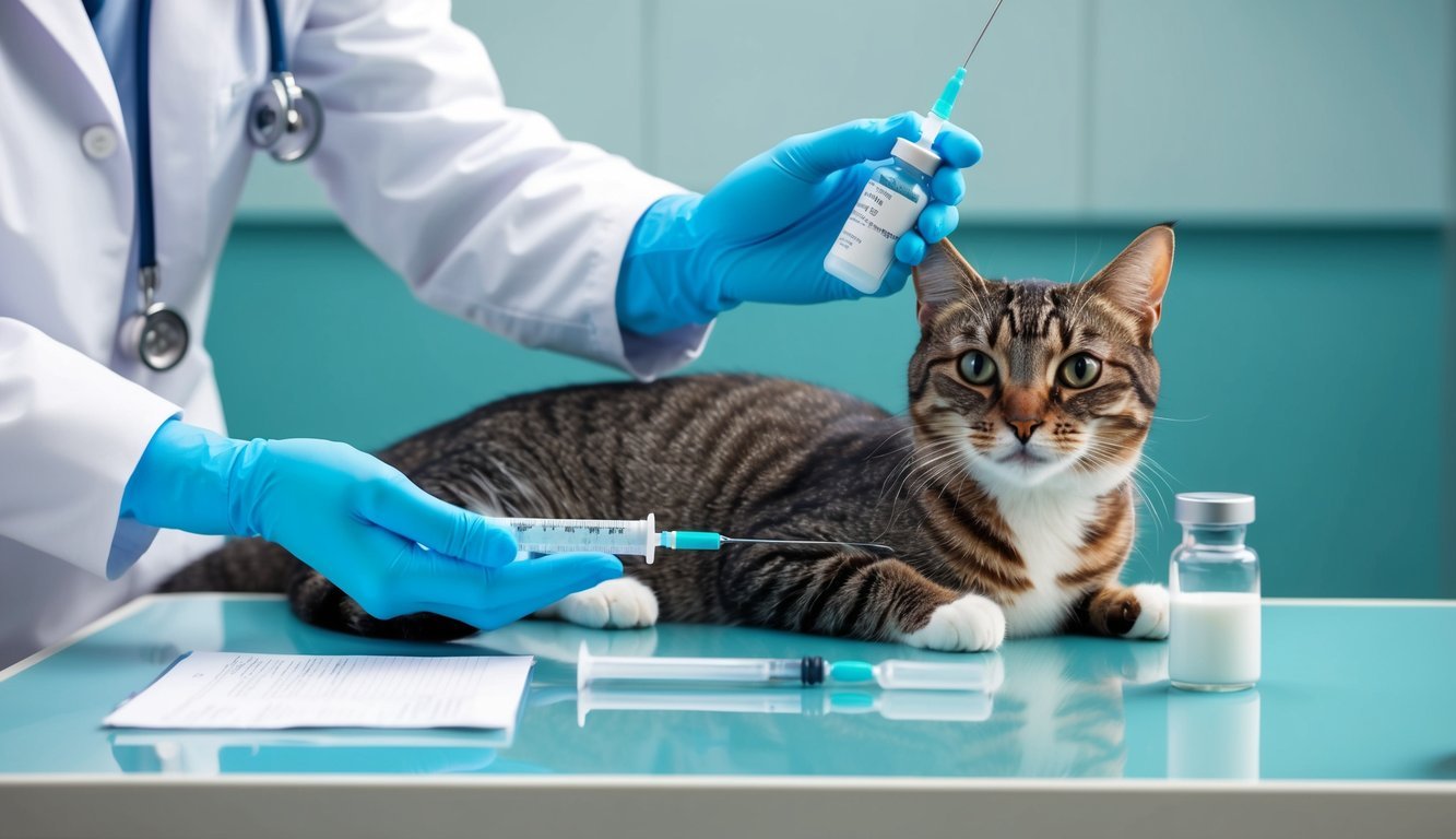 A cat receiving a dose of famciclovir medication from a veterinarian, with a syringe and pill bottle on a clean, well-lit examination table