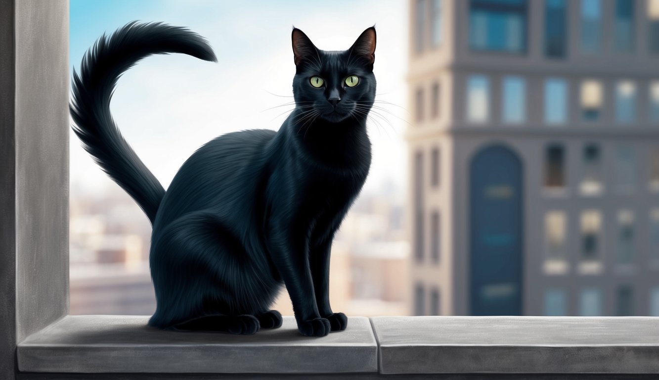 A sleek black cat with piercing green eyes sits atop a high ledge, its long, fluffy tail swishing in the air