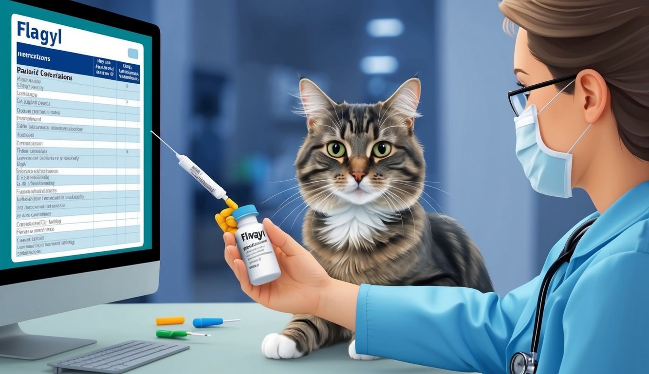 A cat receiving a dose of flagyl from a veterinarian, with a list of potential interactions and contraindications displayed on a computer screen nearby