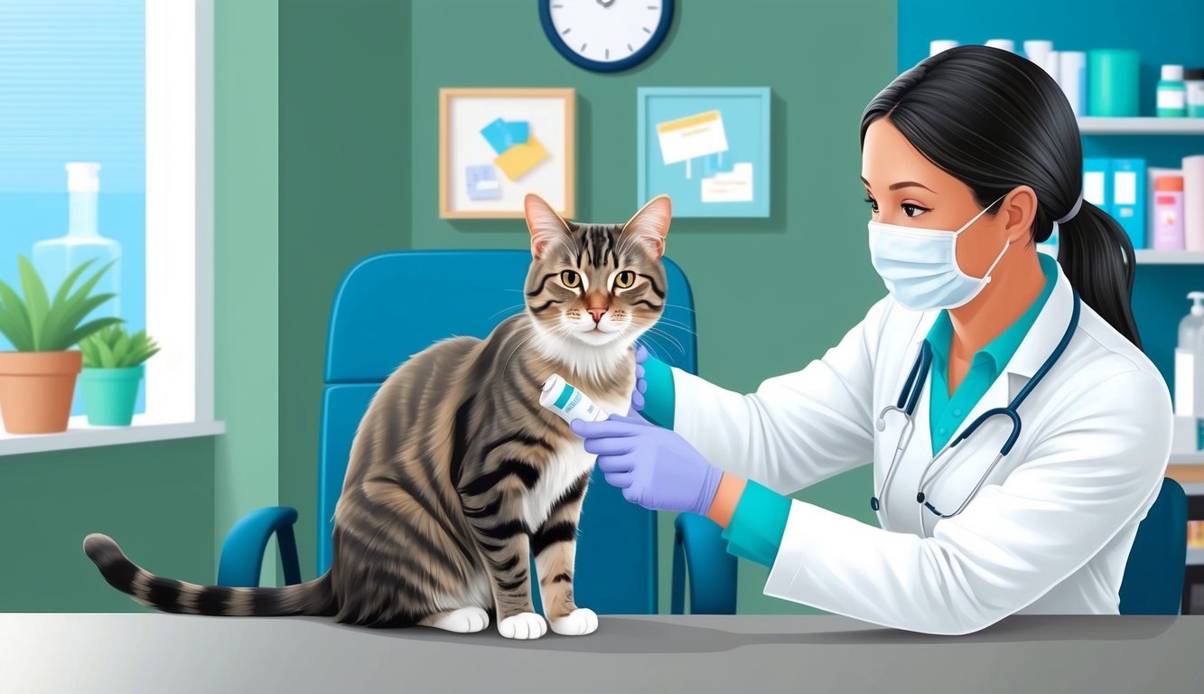 A cat receiving a famciclovir treatment from a veterinarian in a clinic setting