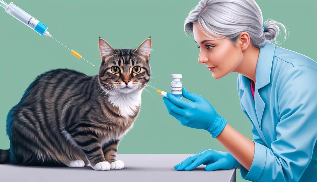 A cat receiving a dose of famciclovir medication for ocular manifestations, with a veterinarian overseeing the treatment