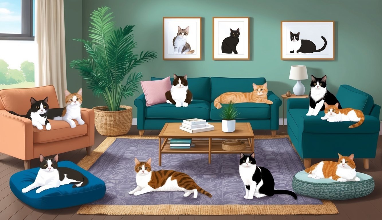 A cozy living room with various cat breeds lounging in different areas, showcasing their unique personalities and adaptability to different lifestyles