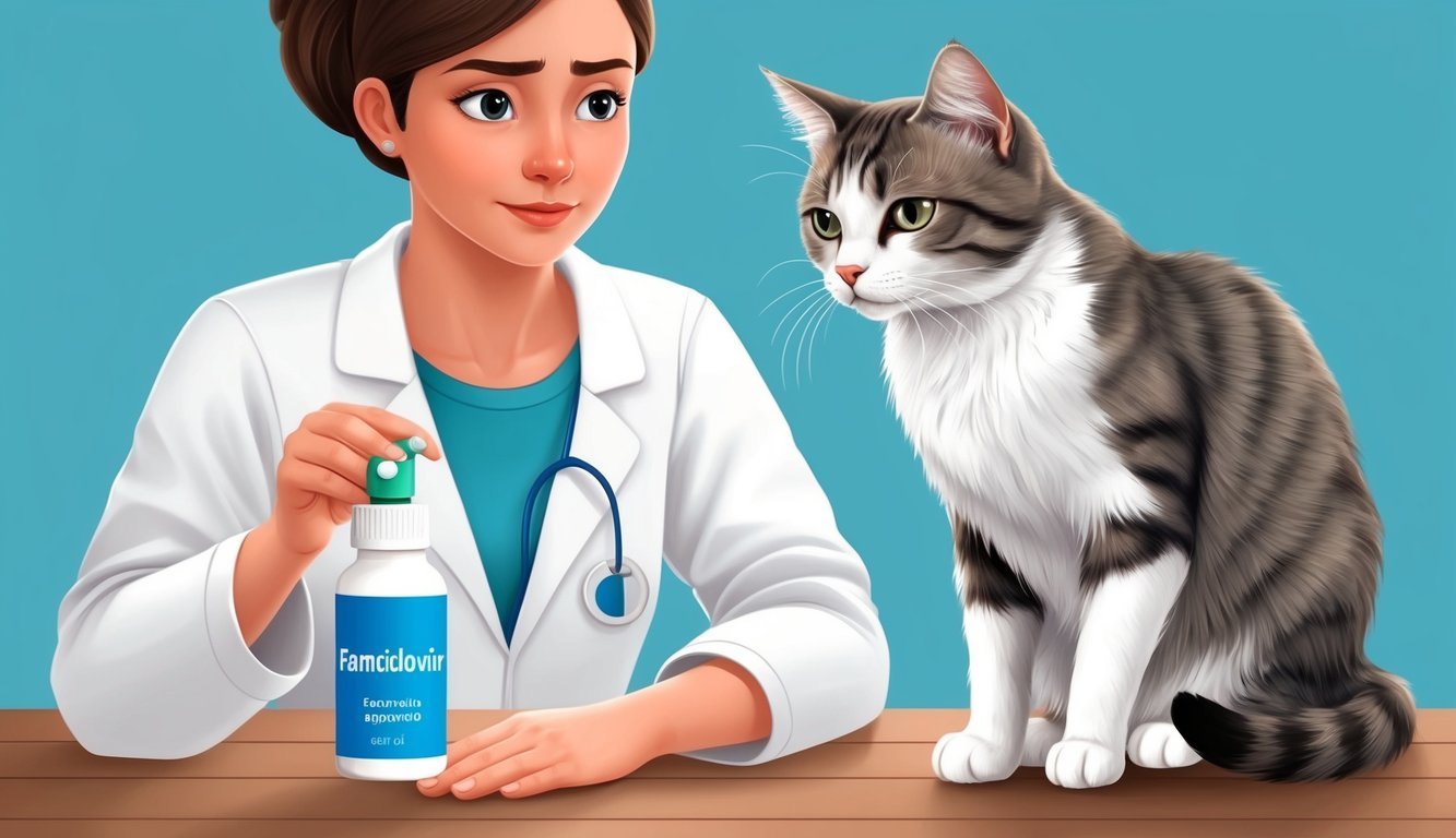 A cat owner holding a bottle of famciclovir and a concerned-looking cat sitting nearby