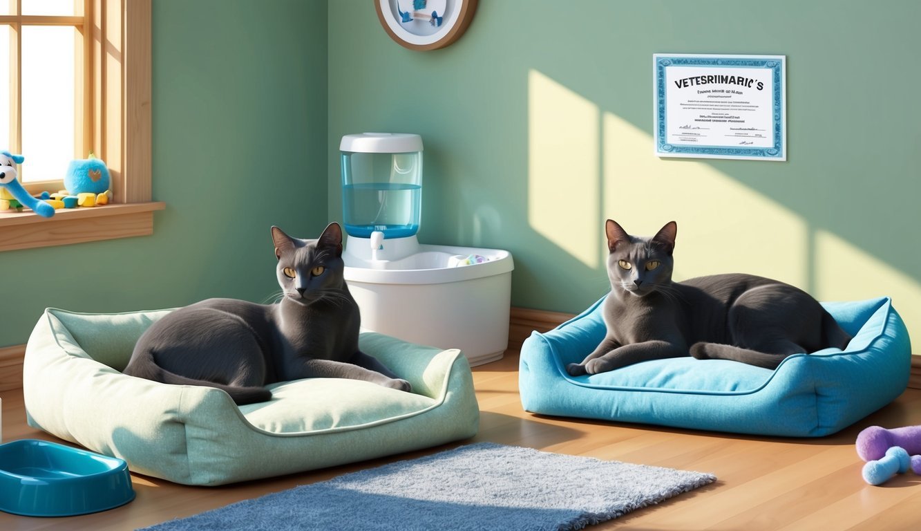 Two sleek cats lounging in a sunlit room, surrounded by plush beds and toys.</p><p>A water fountain and feeding station sit nearby, with a veterinarian's certificate on the wall