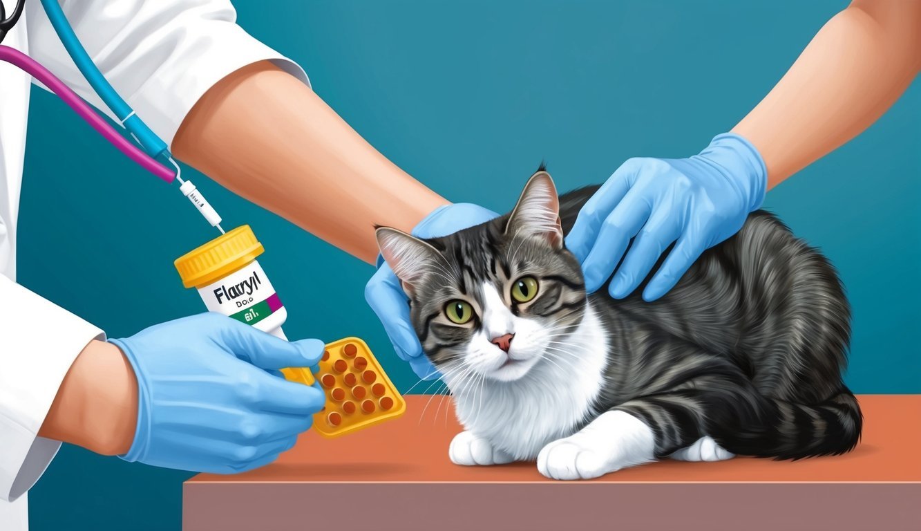 A cat receiving a dose of flagyl medication from a veterinarian in a clinical setting