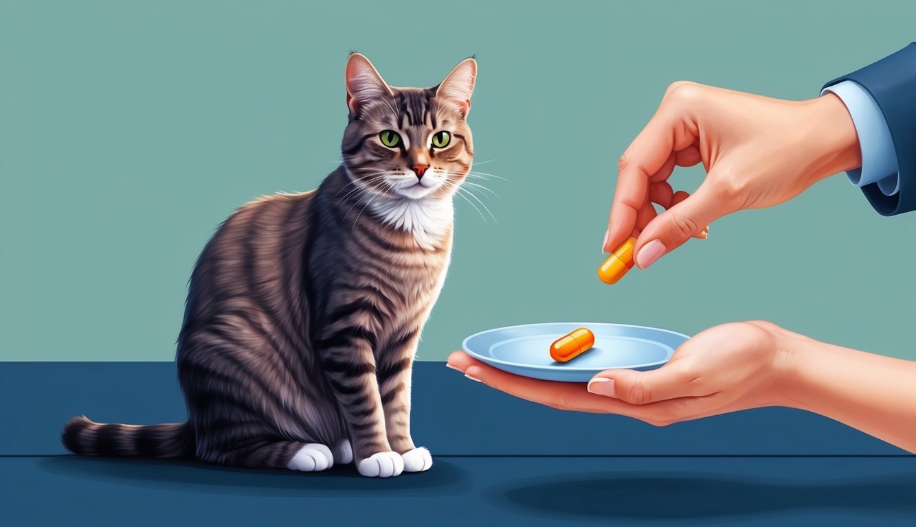 A cat sitting calmly while a hand offers a pill on a plate