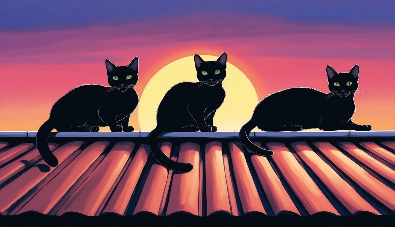 Three sleek cats lounging on a rooftop at sunset, silhouetted against a colorful sky