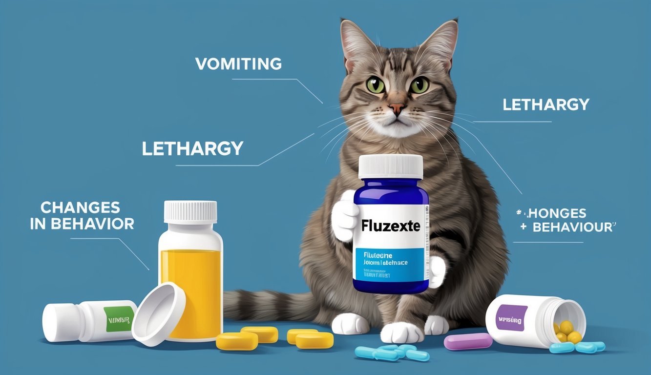 A cat with a bottle of fluoxetine, surrounded by various objects representing potential side effects such as vomiting, lethargy, and changes in behavior