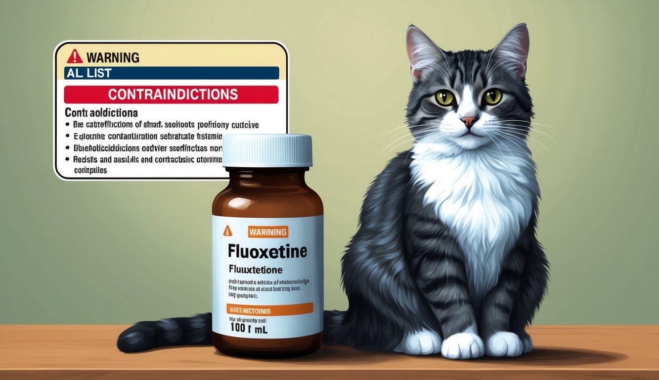 A cat sitting beside a bottle of fluoxetine with a warning sign and a list of contraindications in the background