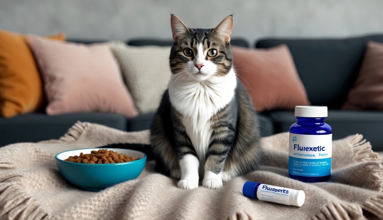 A cat sitting on a cozy blanket with a bowl of food and a bottle of fluoxetine medication nearby