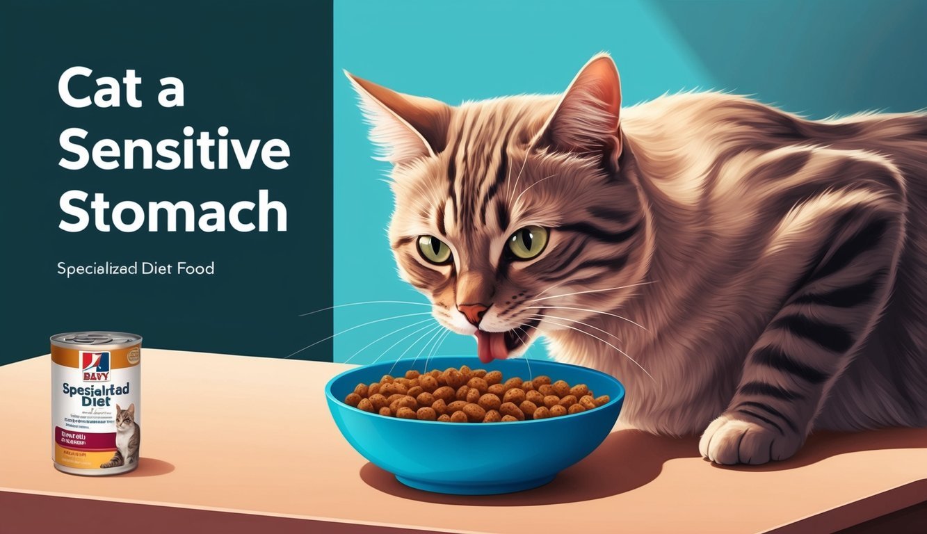 A cat with a sensitive stomach eating specialized diet food from a bowl