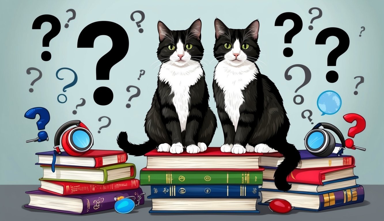 Two cats sitting on a stack of books, surrounded by question marks and cool accessories