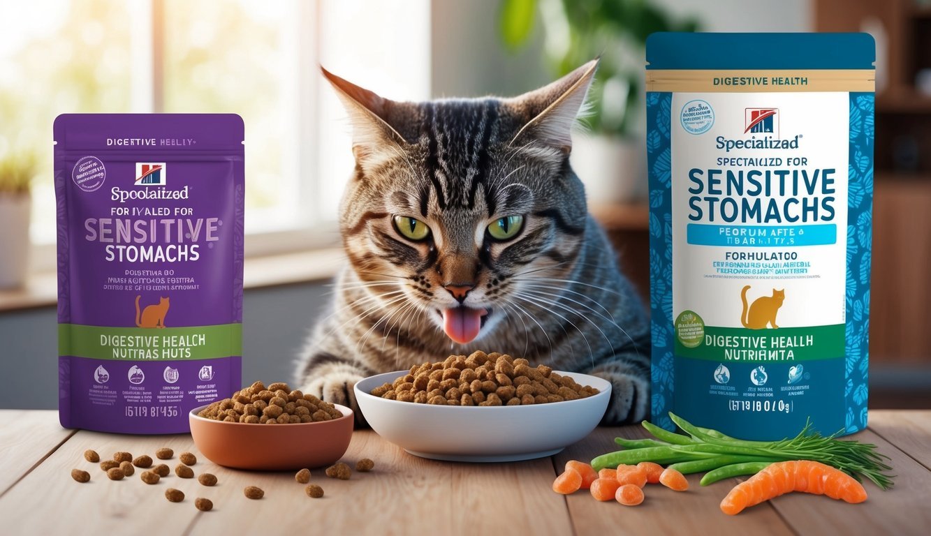 A cat eating a bowl of specialized cat food formulated for sensitive stomachs, with digestive health nutrients highlighted on the packaging