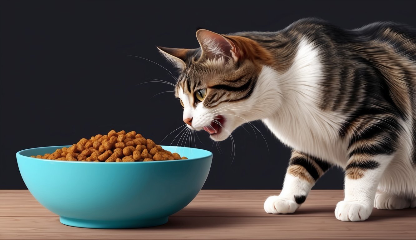 A cat turning away from a bowl of food with a distressed expression