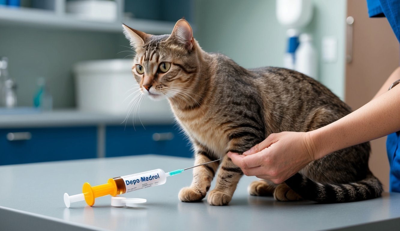 Cat receiving a "Depo-Medrol" injection from a veterinarian in a clinic