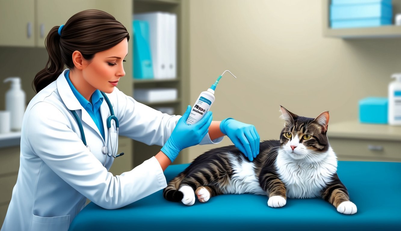 A veterinarian administering Depo-Medrol to a calm, reclining cat in a clinical setting