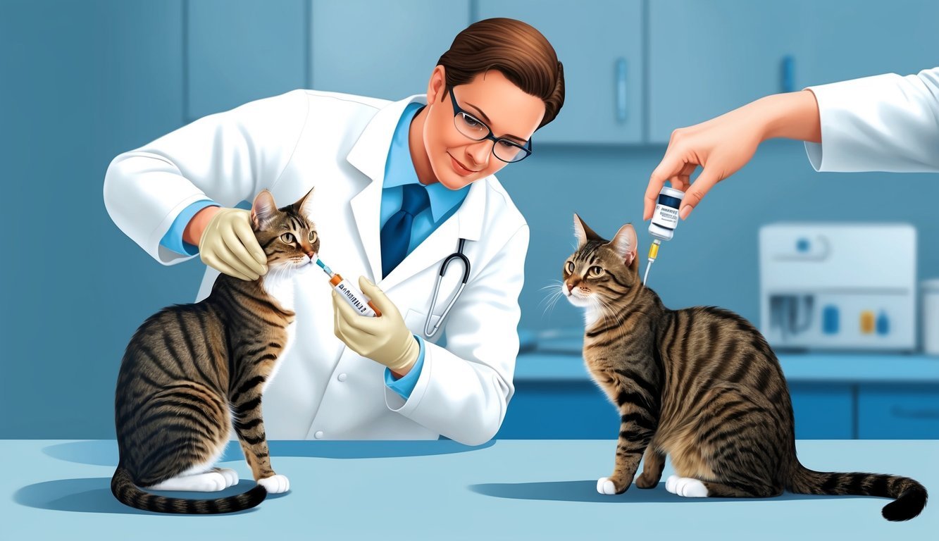 A veterinarian administering depo-medrol to a cat while another cat receives a placebo injection