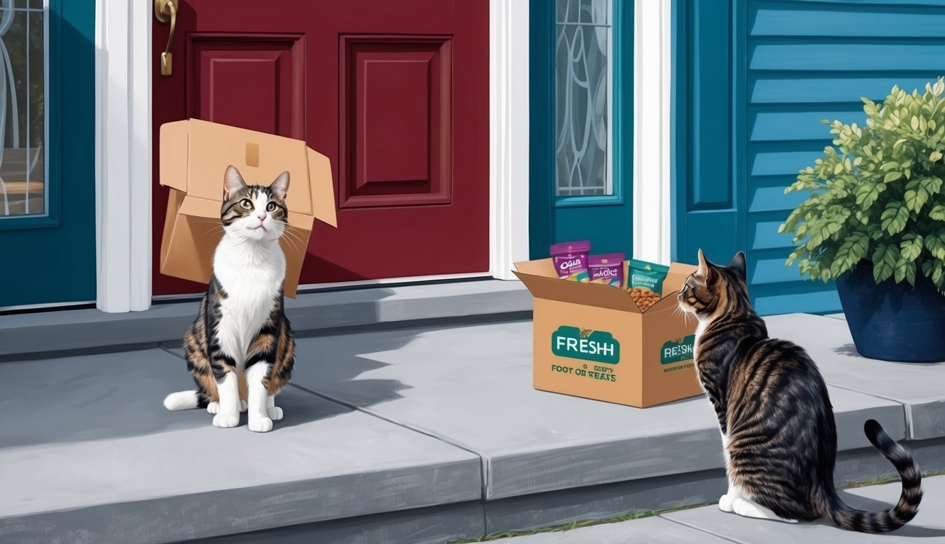 A cat eagerly awaits at the front door as a delivery person places a box of fresh food and treats for cats on the doorstep