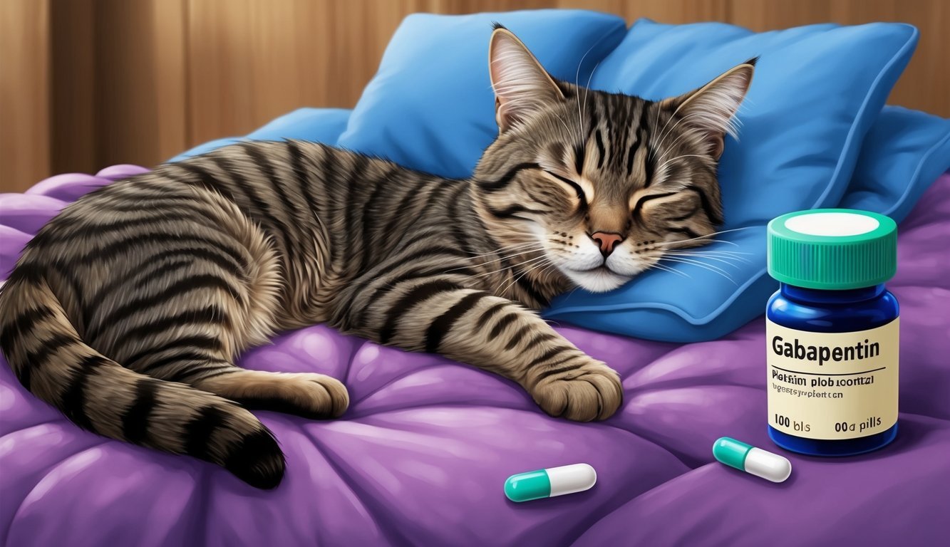 A cat lying on a cozy bed, looking drowsy with droopy eyes and a relaxed body posture, while a pill bottle labeled "gabapentin" sits nearby