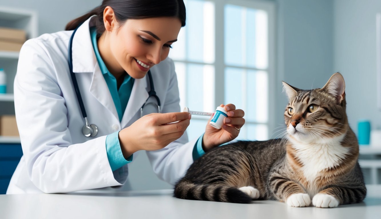 A veterinarian carefully measuring and administering gabapentin to a calm and cooperative feline patient in a clean and well-lit examination room