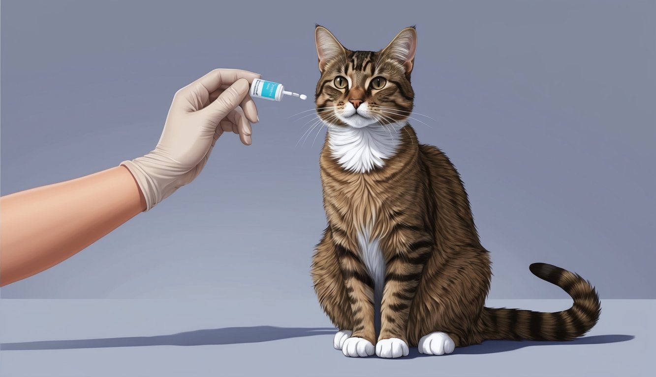 A cat sitting calmly while a hand administers gabapentin medication