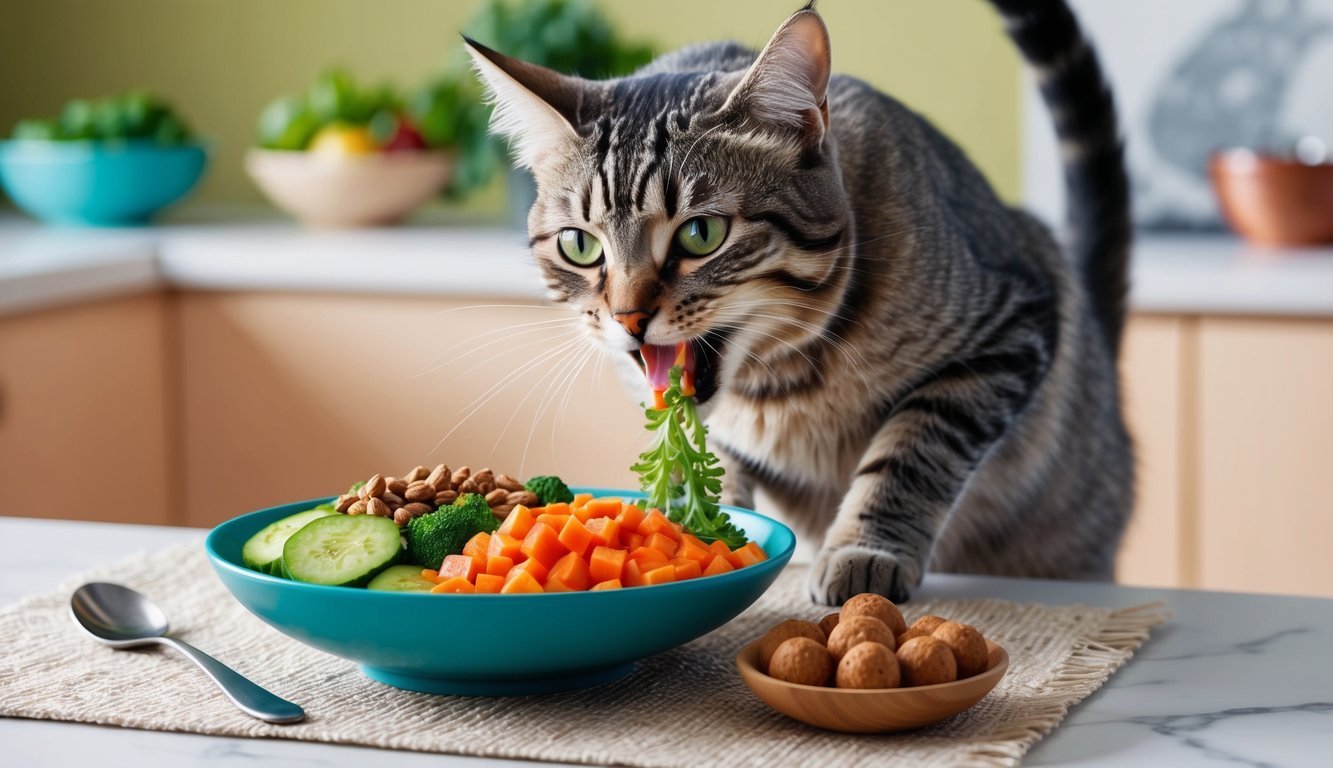 A cat eagerly eating from a bowl of fresh, colorful, and healthy food