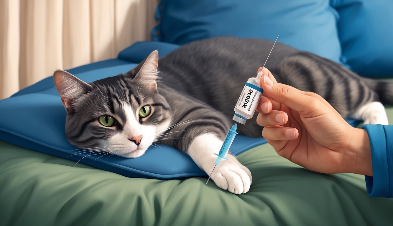 A cat lounges on a cozy bed, while a hand reaches in to administer a dose of Depo-Medrol from a syringe