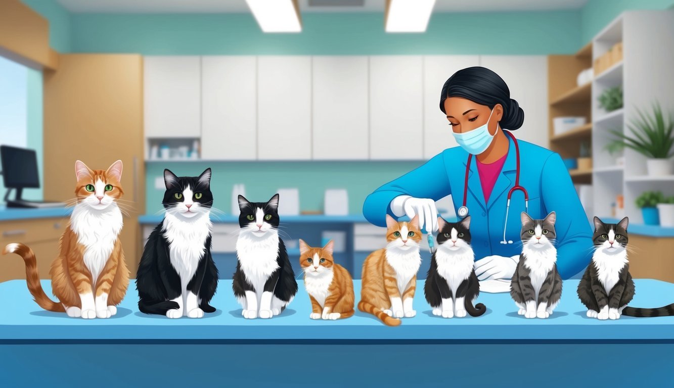 A veterinarian administers vaccines to a group of calm and cooperative cats in a well-lit and organized clinic setting