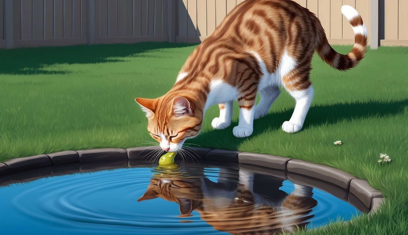 A cat with diarrhea and vomiting, drinking contaminated water from a puddle in a backyard