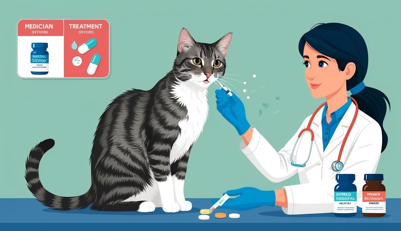 A cat with diarrhea and vomiting, being examined by a veterinarian, with medication and treatment options displayed nearby