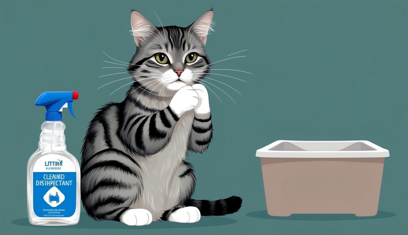 A cat grooming itself with a concerned expression, while a bottle of disinfectant and a clean litter box sit nearby