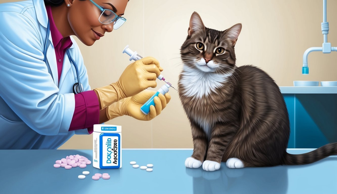 A cat sitting calmly while a veterinarian administers doxycycline medication