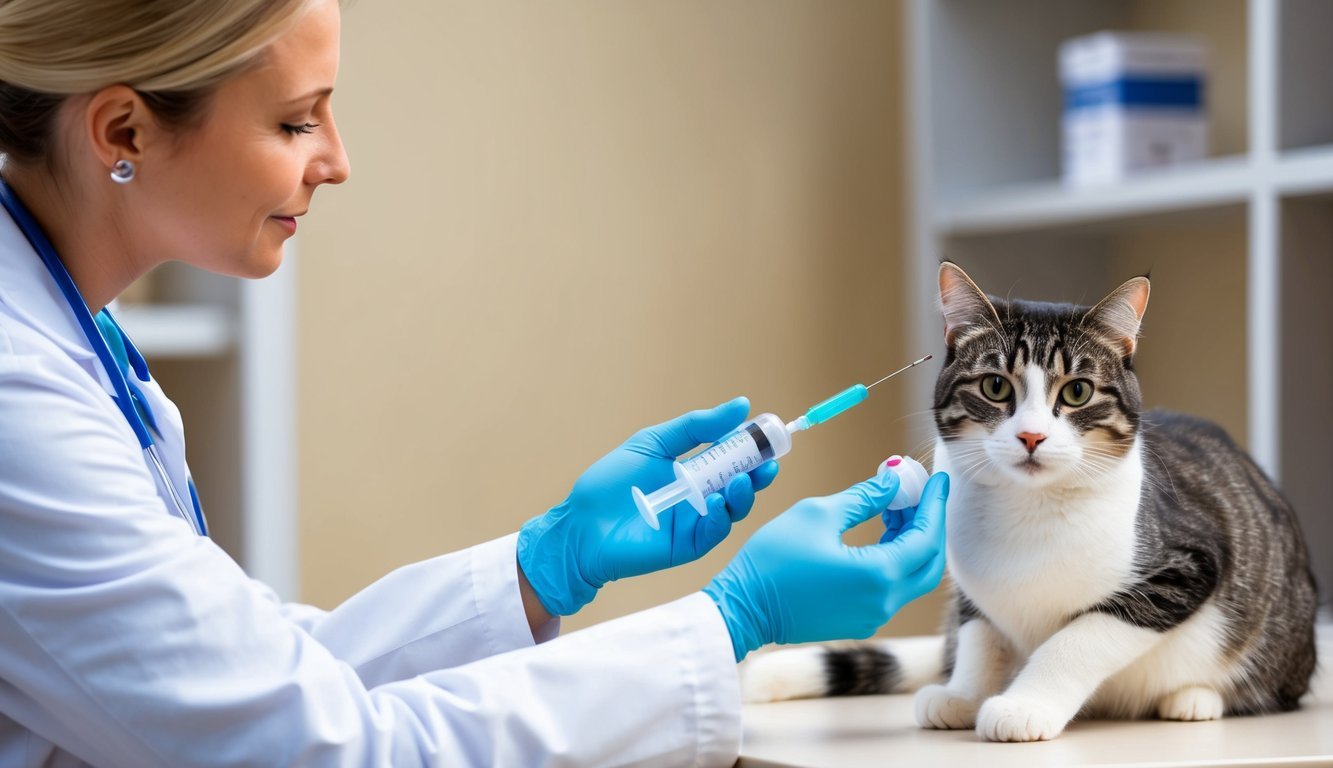 A veterinarian administering doxycycline to a cat using a syringe