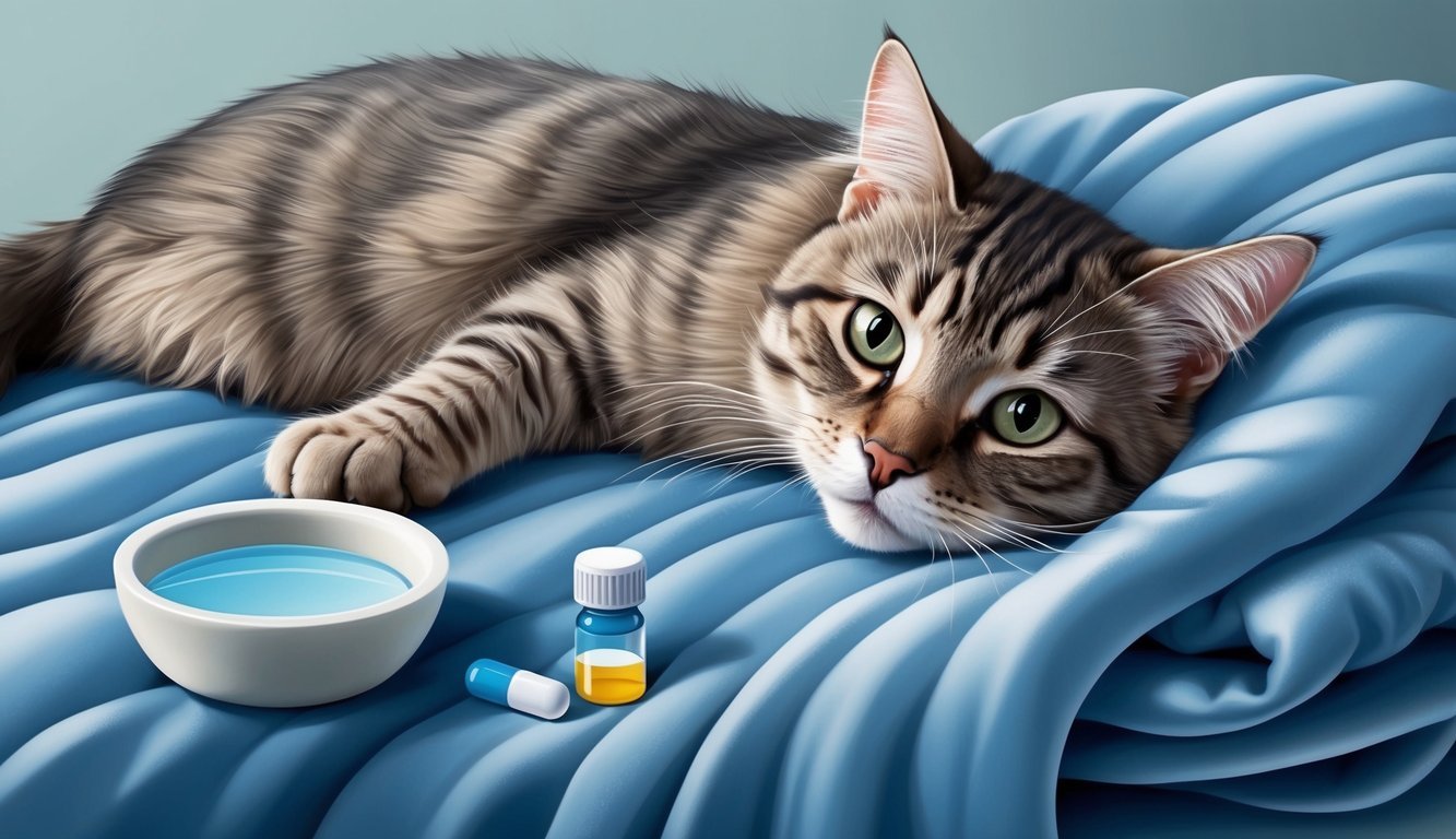 A cat lying on a soft blanket, with a small pill bottle and a bowl of water nearby.</p><p>The cat looks calm but alert, with a curious expression