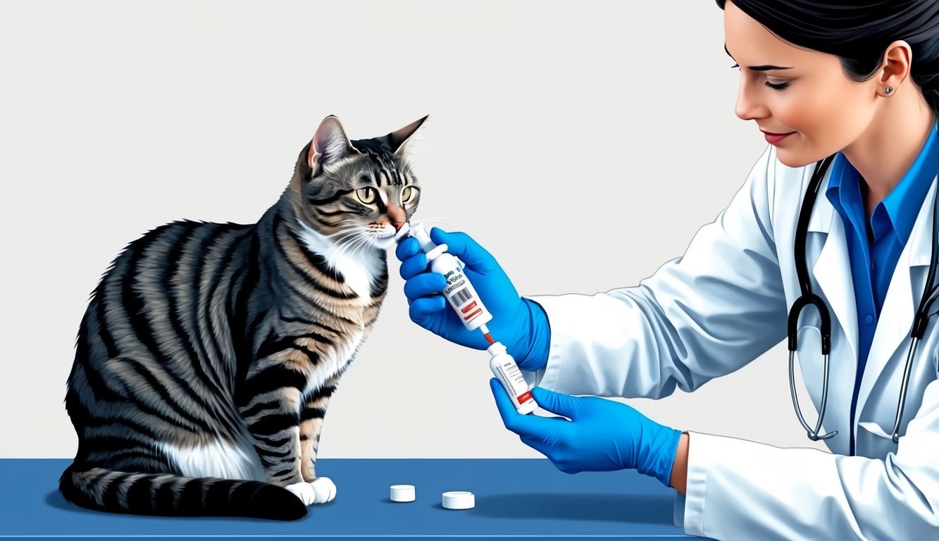 A veterinarian carefully administering doxycycline to a cat, while wearing gloves and following all necessary precautions